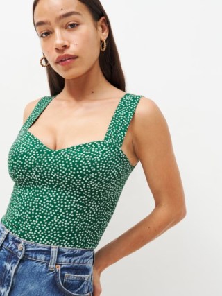 Reformation Hester Top in Wyoming ~ green sleeveless fitted bodice tops ~ sweetheart neckline fashion - flipped
