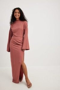 NA-KD High Neck Drapy Maxi Dress in Pink ~ long fluted sleeve high neck evening dresses ~ fitted fluid fabric going out dresses