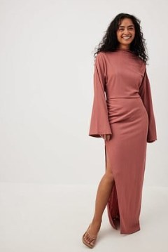 NA-KD High Neck Drapy Maxi Dress in Pink ~ long fluted sleeve high neck evening dresses ~ fitted fluid fabric going out dresses - flipped