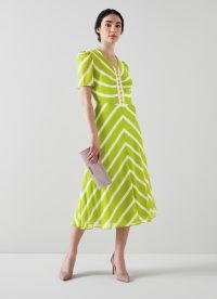 L.K. BENNET Holzer Green And Pink Chevron Stripe Silk Dress – zesty lime striped occasion dresses – women’s retro style event clothing – silky vintage inspired clothes – luxury citrus coloured occasionwear