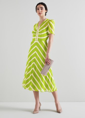 L.K. BENNET Holzer Green And Pink Chevron Stripe Silk Dress – zesty lime striped occasion dresses – women’s retro style event clothing – silky vintage inspired clothes – luxury citrus coloured occasionwear - flipped