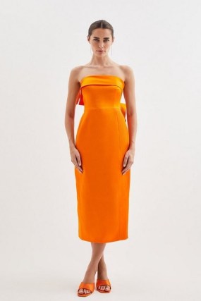 KAREN MILLEN Italian Satin Bandeau Structured Bow Detail Midi Dress in Tangerine / strapless orange dresses / silky smooth fabric occasionwear - flipped