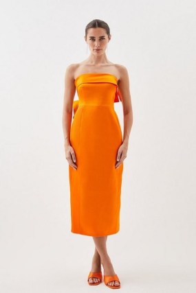 KAREN MILLEN Italian Satin Bandeau Structured Bow Detail Midi Dress in Tangerine / strapless orange dresses / silky smooth fabric occasionwear