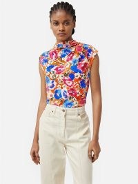 JIGSAW Abstract Meadow Pleat Top in Multi – chic cap sleeve high neck floral print tops