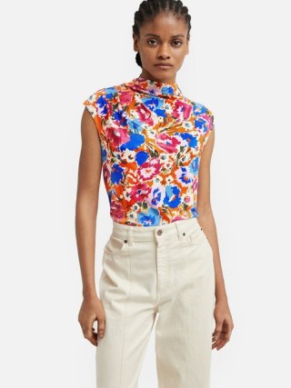 JIGSAW Abstract Meadow Pleat Top in Multi – chic cap sleeve high neck floral print tops - flipped