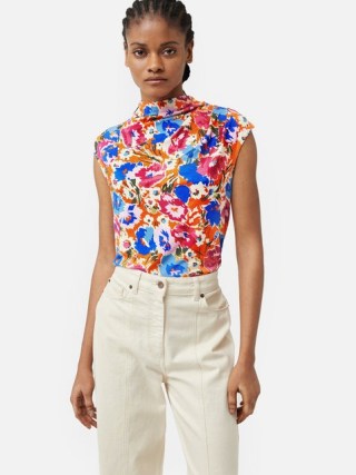 JIGSAW Abstract Meadow Pleat Top in Multi – chic cap sleeve high neck floral print tops