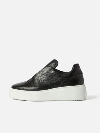 Jigsaw Hicote Leather Slip On Trainer in Black ~ chunky contrast sole trainers ~ women’s monochrome sneakers - flipped