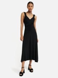 JIGSAW Shirred Strap Jersey Dress in Black ~ dress up or down LBD ~ sleeveless ruched detail midi dresses ~ asymmetrical hemline ~ asymmetric hem clothing