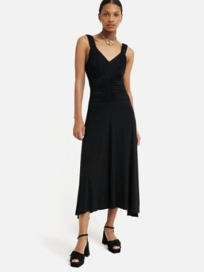 JIGSAW Shirred Strap Jersey Dress in Black ~ dress up or down LBD ~ sleeveless ruched detail midi dresses ~ asymmetrical hemline ~ asymmetric hem clothing