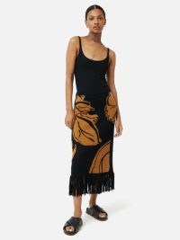 JIGSAW Pointelle Jacquard Skirt in black – chic fringed skirts – elegant bohemian clothing – fringe hem – printed boho clothes