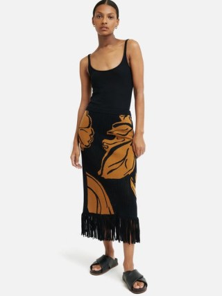 JIGSAW Pointelle Jacquard Skirt in black – chic fringed skirts – elegant bohemian clothing – fringe hem – printed boho clothes - flipped