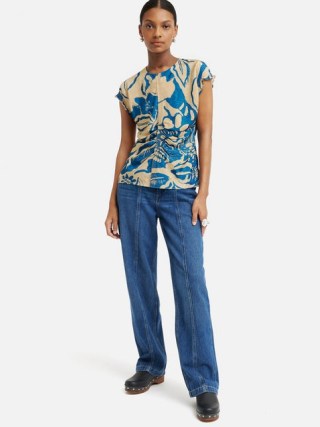 JIGSAW Strokes Floral Jacquard Top in Blue – ruched smocked sleeve tops – short ruffled cap sleeves - flipped