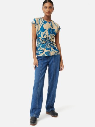 JIGSAW Strokes Floral Jacquard Top in Blue – ruched smocked sleeve tops – short ruffled cap sleeves