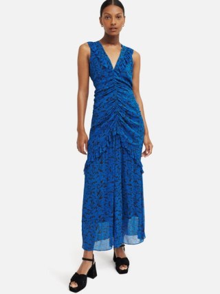 JIGSAW Shadow Leaf Crinkle Dress in Blue – sleeveless V-neck front ruched dresses – women’s feminine summer occasion clothes - flipped
