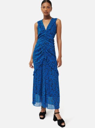 JIGSAW Shadow Leaf Crinkle Dress in Blue – sleeveless V-neck front ruched dresses – women’s feminine summer occasion clothes
