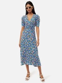 JIGSAW Vintage Floral Jersey Dress in Blue – short sleeve V-neck gathered detail midi dresses