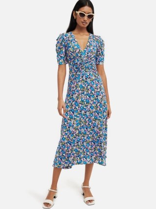 JIGSAW Vintage Floral Jersey Dress in Blue – short sleeve V-neck gathered detail midi dresses - flipped