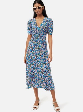 JIGSAW Vintage Floral Jersey Dress in Blue – short sleeve V-neck gathered detail midi dresses