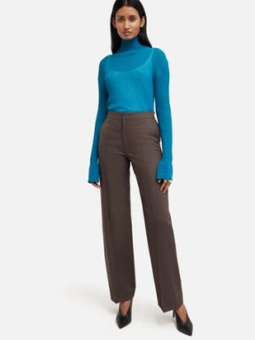 JIGSAW Fluted Cuff Plisse Knit Top in Blue – fitted sheer jumper - flipped