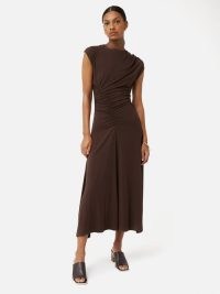 JIGSAW Drape Pleat Jersey Dress in Brown ~ ruched cap sleeve midi dresses