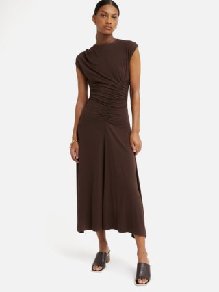 JIGSAW Drape Pleat Jersey Dress in Brown ~ ruched cap sleeve midi dresses - flipped