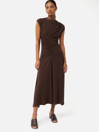 JIGSAW Drape Pleat Jersey Dress in Brown ~ ruched cap sleeve midi dresses