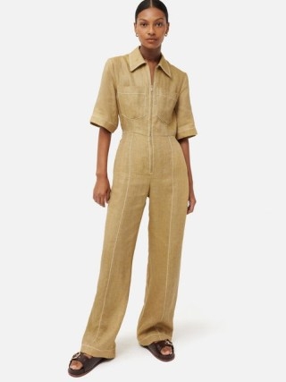JIGSAW Linen Wide Leg Jumpsuit in Neutral ~ collared front zip jumpsuits - flipped