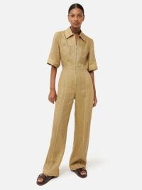 JIGSAW Linen Wide Leg Jumpsuit in Neutral – short sleeve collared utility jumpsuits
