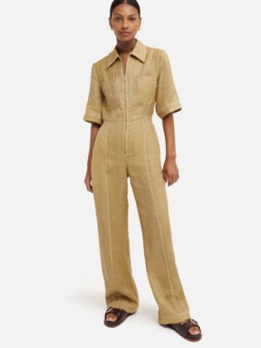 JIGSAW Linen Wide Leg Jumpsuit in Neutral – short sleeve collared utility jumpsuits - flipped