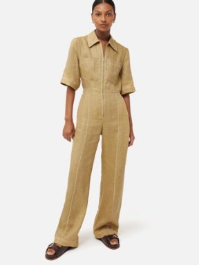JIGSAW Linen Wide Leg Jumpsuit in Neutral – short sleeve collared utility jumpsuits