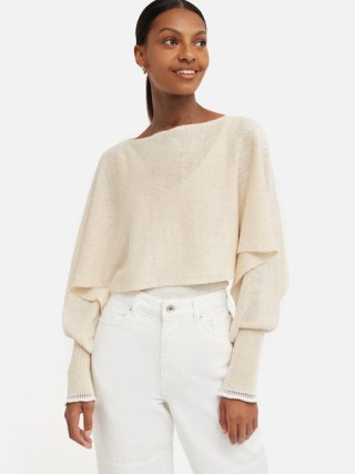 JIGSAW Pure Linen Poncho Sweater in Ivory / sheer cropped sweaters / chic knitwear - flipped