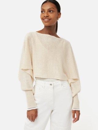 JIGSAW Pure Linen Poncho Sweater in Ivory / sheer cropped sweaters / chic knitwear