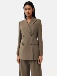 JIGSAW Lawson Slim Double Breasted Jacket in Taupe – women’s smart grey brown longline jackets