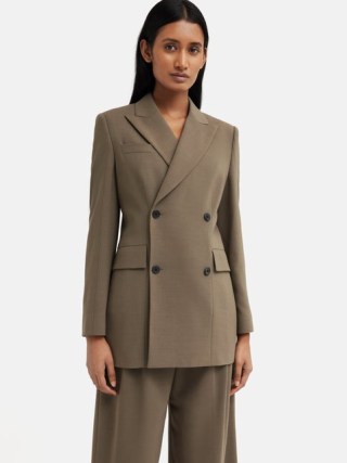 JIGSAW Lawson Slim Double Breasted Jacket in Taupe – women’s smart grey brown longline jackets - flipped