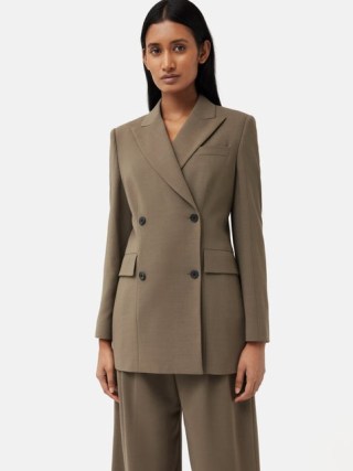 JIGSAW Lawson Slim Double Breasted Jacket in Taupe – women’s smart grey brown longline jackets
