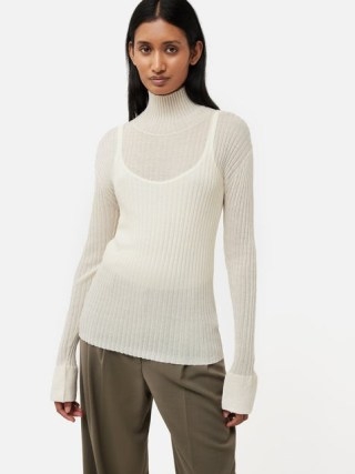 JIGSAW Fluted Cuff Plisse Knit Top in Cream – sheer ribbed high neck tops – fitted long sleeve turtleneck - flipped