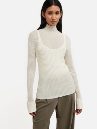 JIGSAW Fluted Cuff Plisse Knit Top in Cream – sheer ribbed high neck tops – fitted long sleeve turtleneck