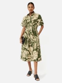 JIGSAW Strokes Floral Shirt Dress in Khaki – green collared midi dresses