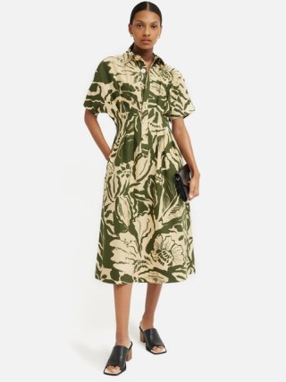 JIGSAW Strokes Floral Shirt Dress in Khaki – green collared midi dresses - flipped