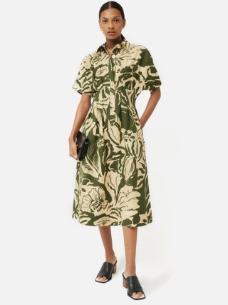 JIGSAW Strokes Floral Shirt Dress in Khaki – green collared midi dresses