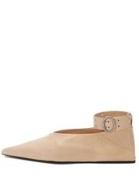 Jil Sander Scarpa leather ballerina shoes in light beige | thick ankle strap ballerinas | sharp pointed toe flats | luxe flat shoes