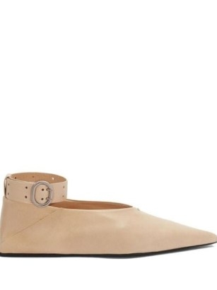 Jil Sander Scarpa leather ballerina shoes in light beige | thick ankle strap ballerinas | sharp pointed toe flats | luxe flat shoes - flipped