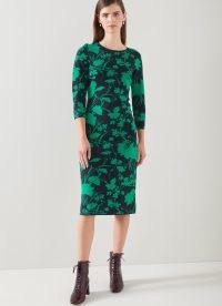 L.K. BENNETT Joni Navy And Green Cotton-Sustainably Sourced Merino Dress / fitted floral jumper dresses / knitted autumn clothing