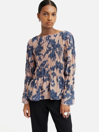 JIGSAW Ikat Posy Silk Ruched Top in Pink – feminine floral print gathered detail tops - flipped