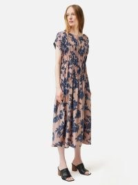 JIGSAW Ikat Posy Silk Ruched Dress in Pink – floral midi dresses with ruching