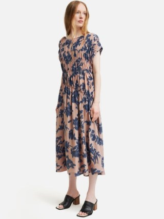 JIGSAW Ikat Posy Silk Ruched Dress in Pink – floral midi dresses with ruching - flipped