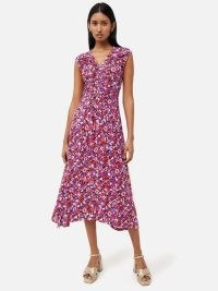 JIGSAW Vintage Floral Ruched Dress in Purple ~ sleeveless asymmetric hemline dresses ~ cut out back detail clothing