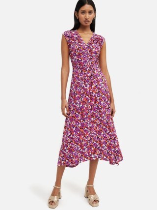 JIGSAW Vintage Floral Ruched Dress in Purple ~ sleeveless asymmetric hemline dresses ~ cut out back detail clothing - flipped