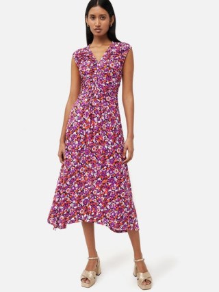JIGSAW Vintage Floral Ruched Dress in Purple ~ sleeveless asymmetric hemline dresses ~ cut out back detail clothing