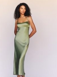 Reformation Kailyn Silk Dress in Artichoke ~ green silky skinny shoulder strap dresses